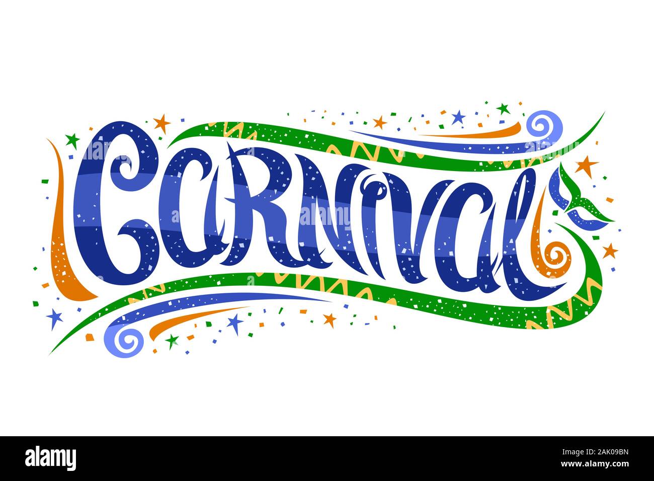 Lettrage de vecteur pour le Carnaval à Rio de Janeiro, carte décorative avec curly design, police calligraphique s'épanouit et masque de carnaval, la bannière avec brosse Illustration de Vecteur
