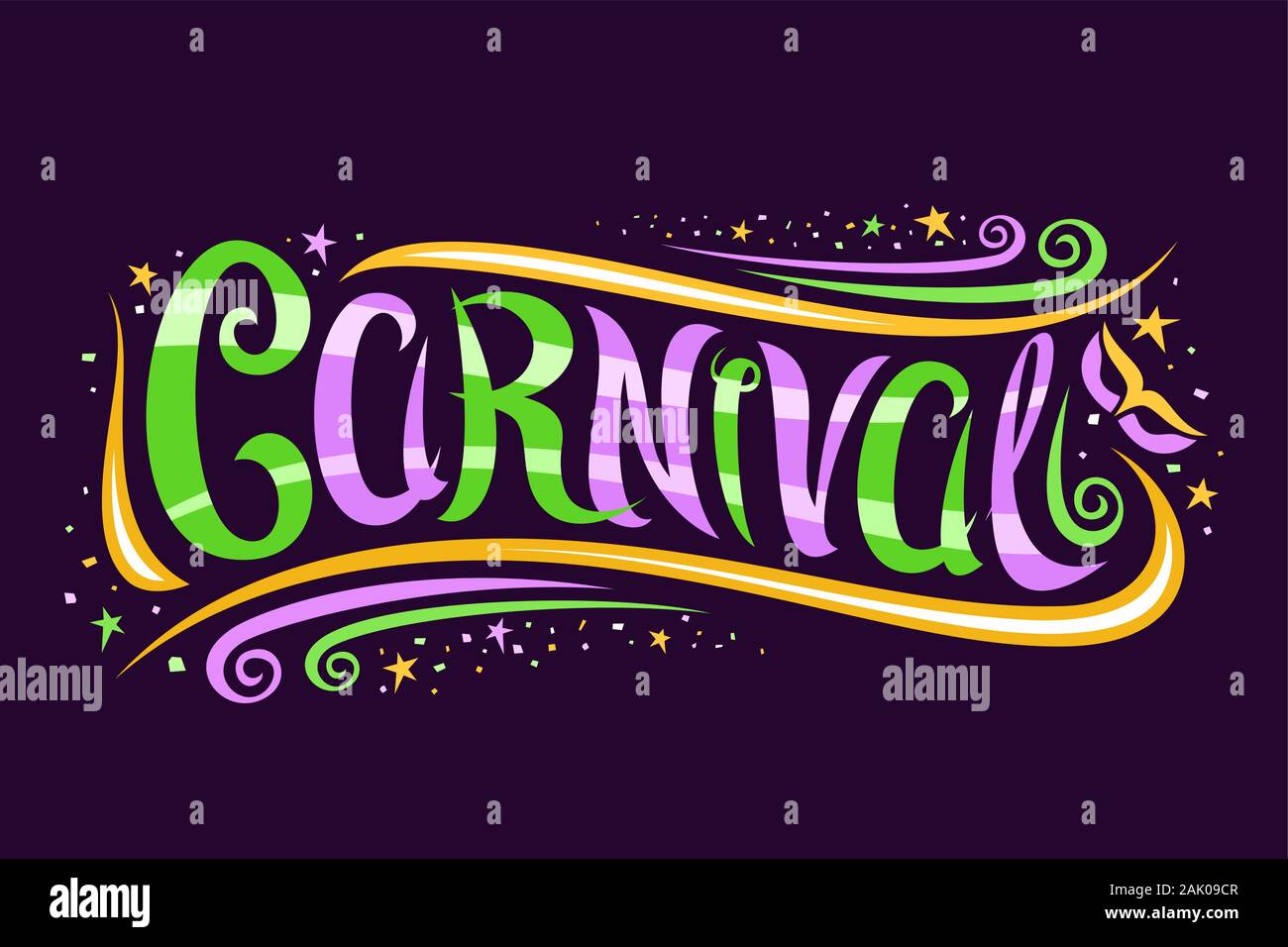 Logo vector pour le carnaval Mardi Gras, carte décorative avec curly, police calligraphique tourbillons design, étoiles jaunes et masque de carnaval, la bannière avec brosse sw Illustration de Vecteur