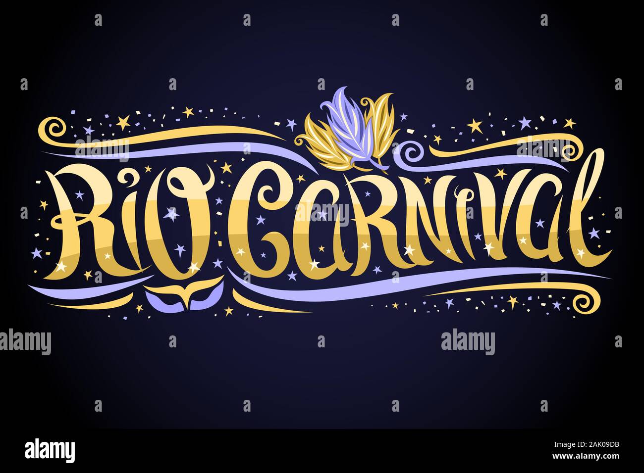 Carte de souhaits pour vecteur Carnaval de Rio, avec étiquette décorative calligraphique bouclés font, de conception et de tourbillons, masque de carnaval bleu bannière avec swirly type fo Illustration de Vecteur