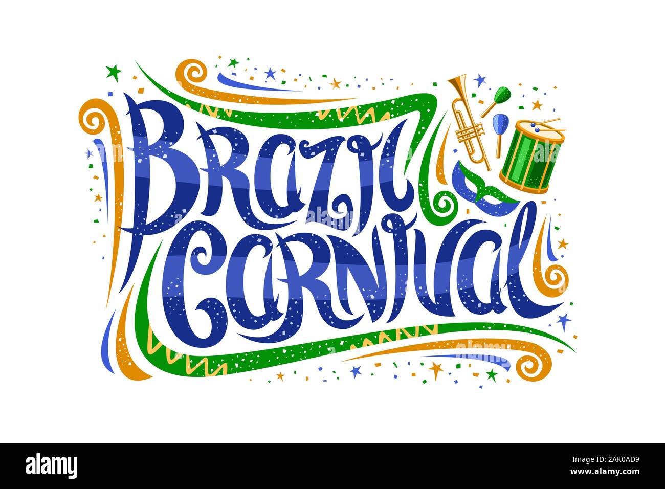 Carte de souhaits pour vecteur Brésil Carnaval, ticket décoratif avec curly font calligraphique, la conception s'épanouit et masque de carnaval, la bannière avec type de pinceau Illustration de Vecteur