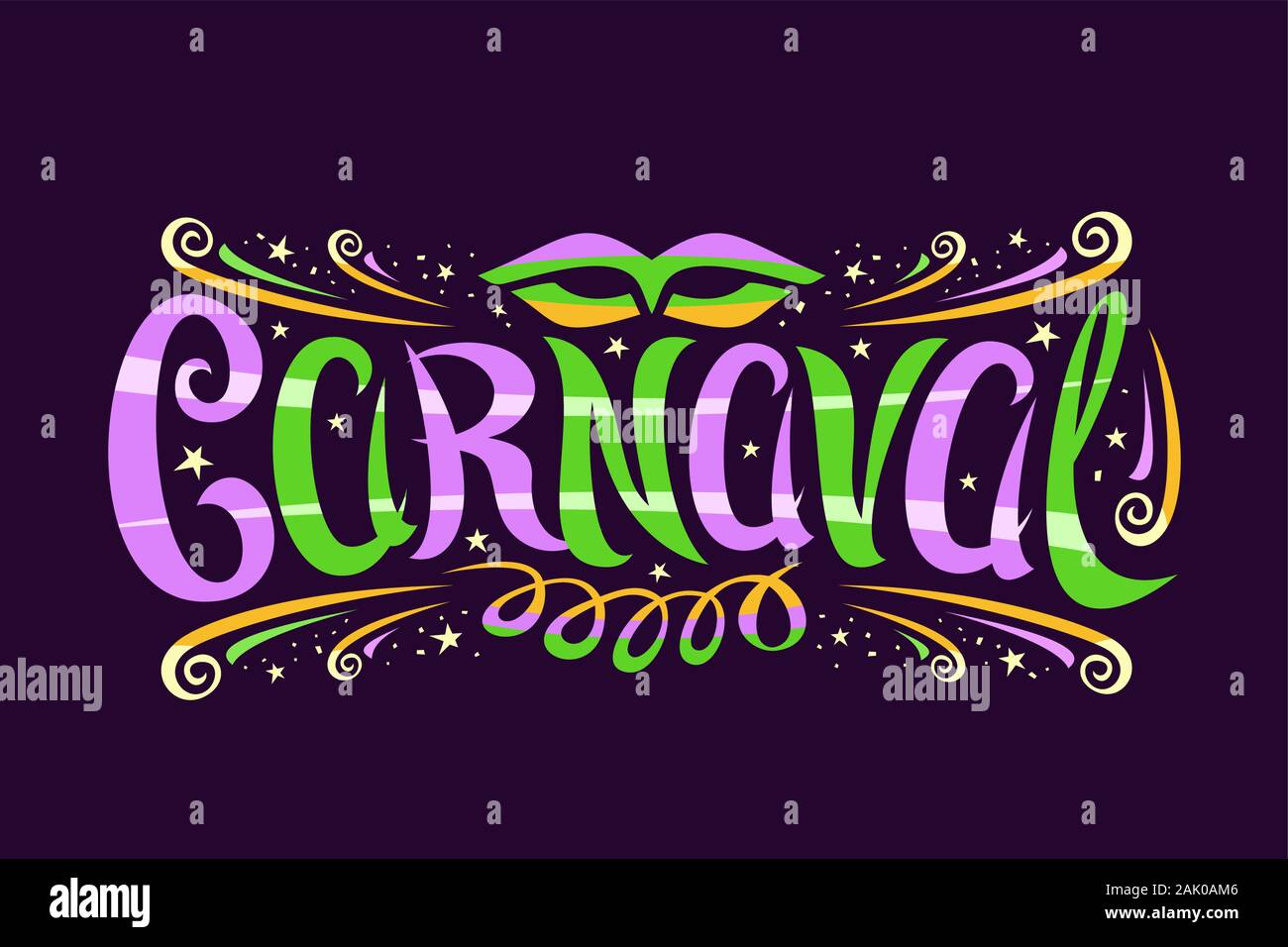 Logo Vector pour carnaval, étiquette horizontale de police calligraphique, la conception s'épanouit, masque de carnaval et de banderoles, panneaux décoratifs avec brosse Illustration de Vecteur