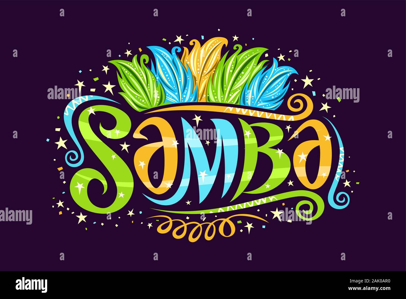 Logo Vector pour Samba brésilienne, decorative sign board pour l'école de samba avec illustration de plumes d'oiseaux de couleurs drapeau brésilien, les boucles et les étoiles, Illustration de Vecteur