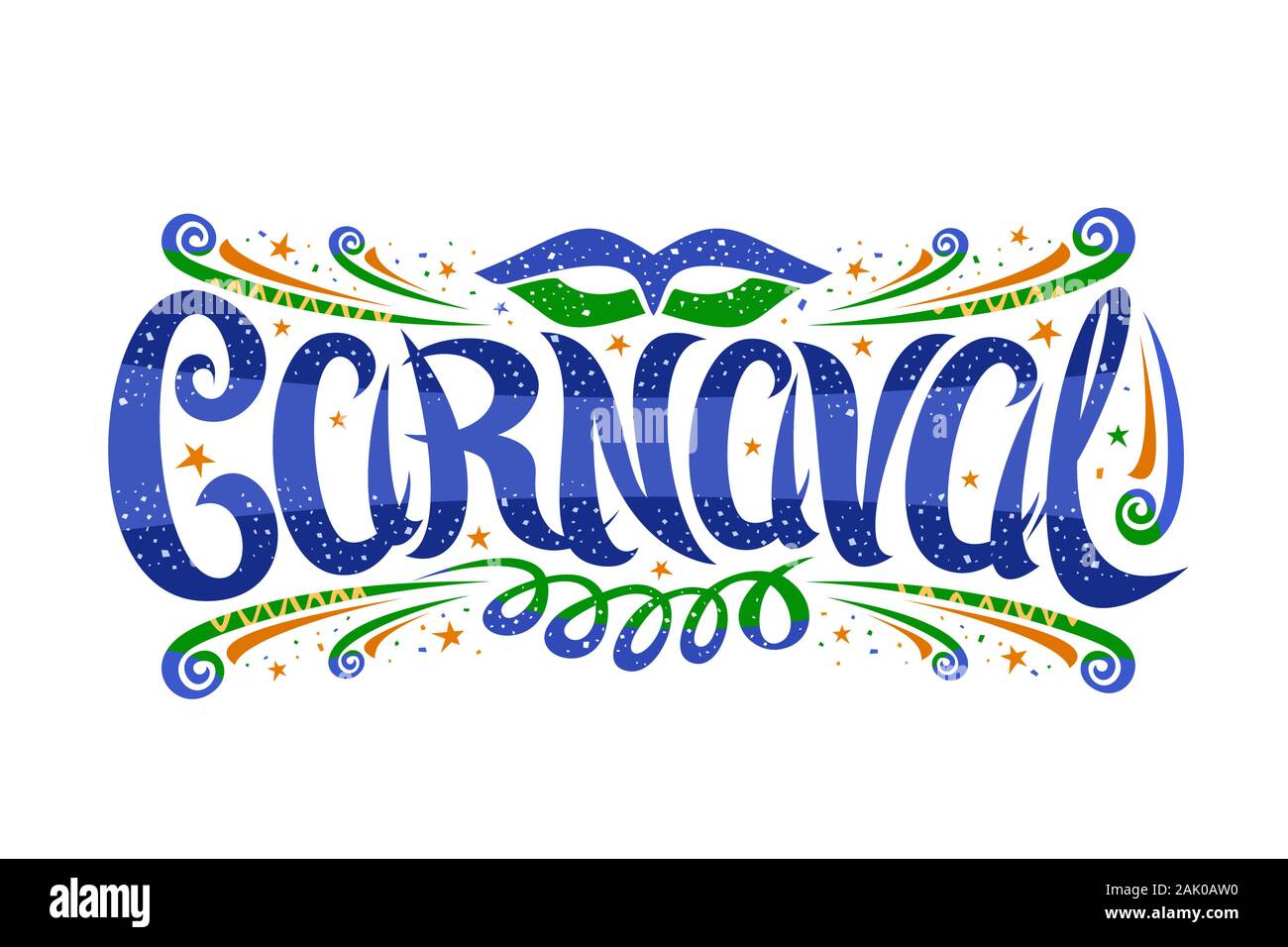 Logo Vector pour carnaval, étiquette horizontale de police calligraphique, la conception s'épanouit, masque de carnaval et de banderoles, panneaux décoratifs avec brosse Illustration de Vecteur