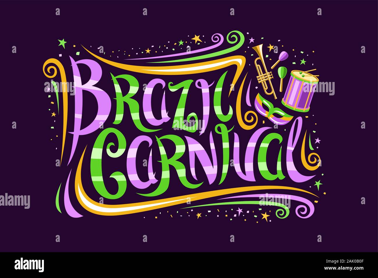 Carte de souhaits pour vecteur Brésil Carnaval, avec ticket de décoration design, police calligraphique s'épanouit et masque de carnaval, la bannière avec brosse type swirly Illustration de Vecteur