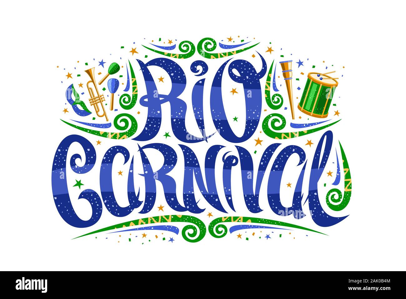 Logo vector pour le Carnaval à Rio de Janeiro, avec des panneaux décoratifs, design de polices calligraphiques bouclés s'épanouit et masque de carnaval, la bannière avec ty brosse Illustration de Vecteur