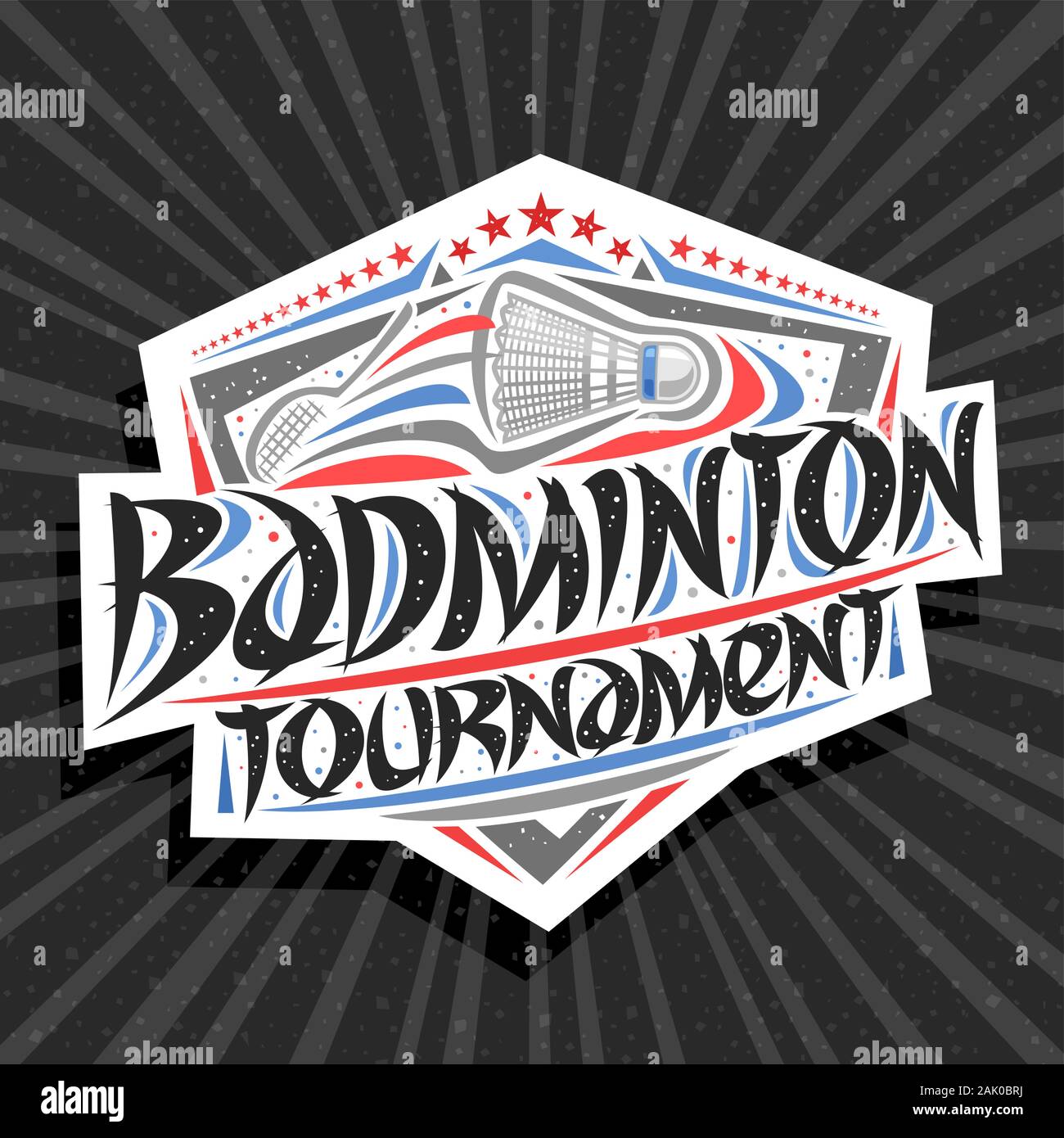 Logo Vector pour tournoi de badminton, de la signalisation avec le joueur de frapper dans l'objectif d'origine, caractère brosse pour mots tournoi de badminton, sports shield Illustration de Vecteur