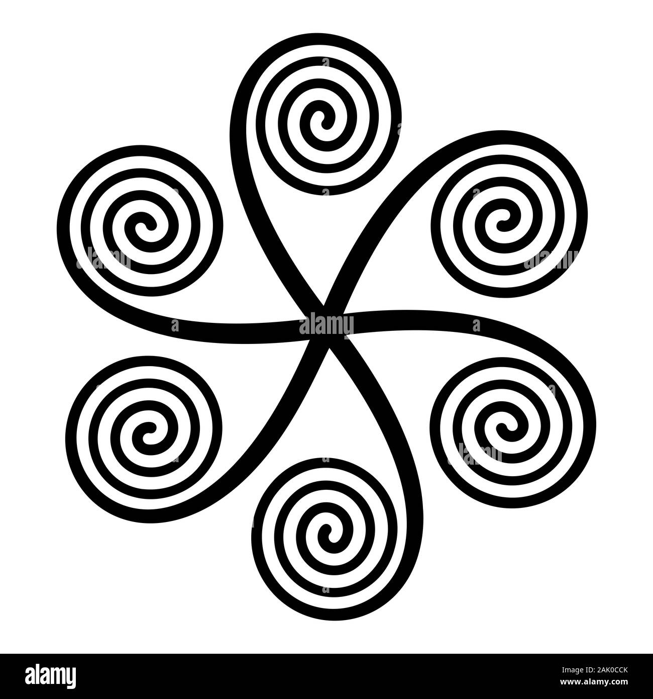 Le symbole en forme d'étoile avec six spirales arithmétique linéaire, fait de spirales d'Archimède, connecté à un centre, qui semble tourner dans le sens horaire. Banque D'Images