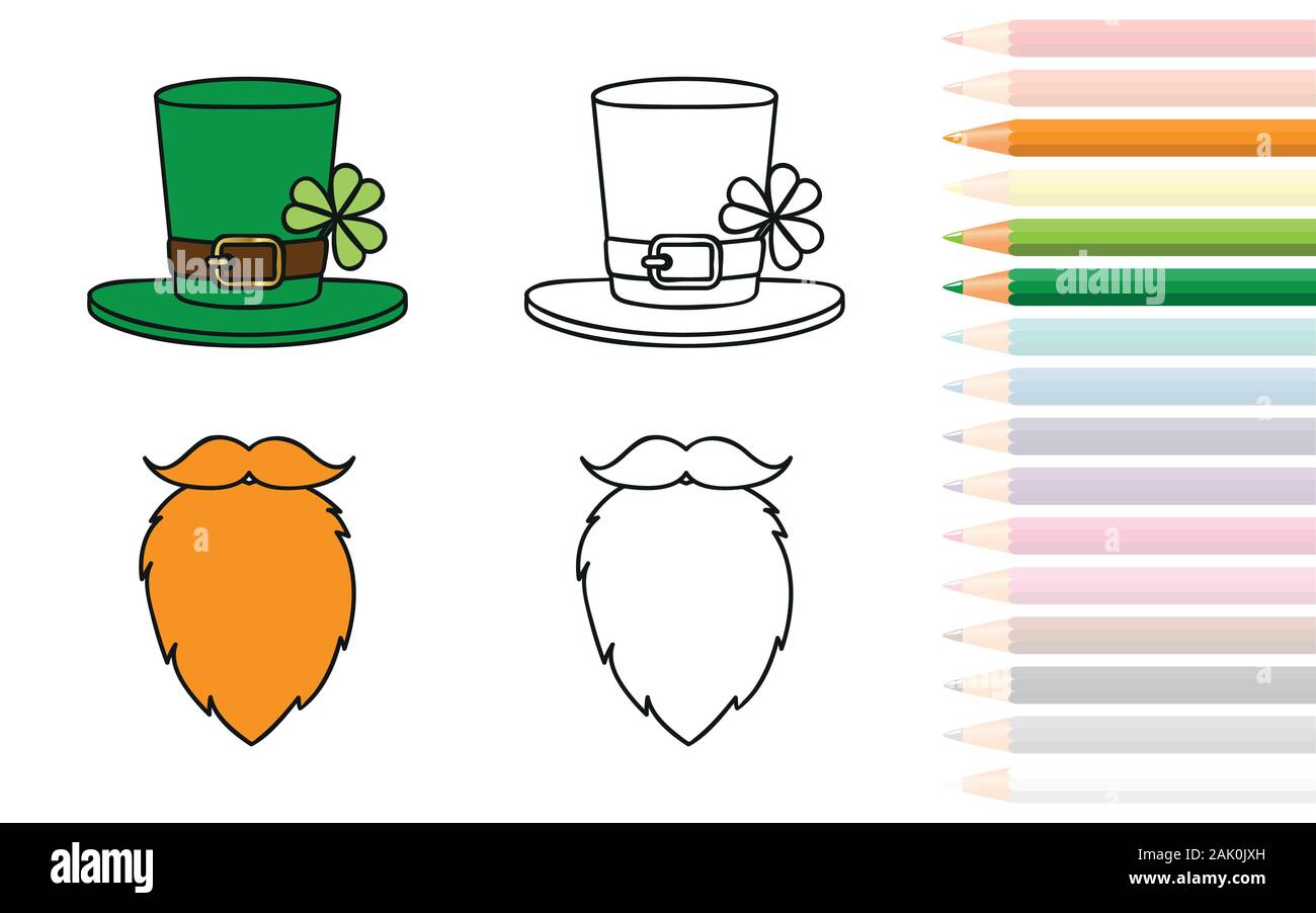 Leprechaun Red Beard et hat avec clover livre à colorier et crayons illustration vecteur EPS10 Illustration de Vecteur