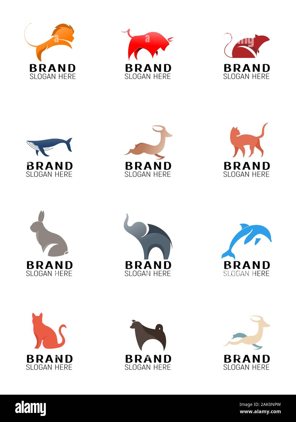 Collection de logo, Taureau, Lion, dauphin, chien, rat, lapin éléphant chat baleine deer antilope Illustration de Vecteur