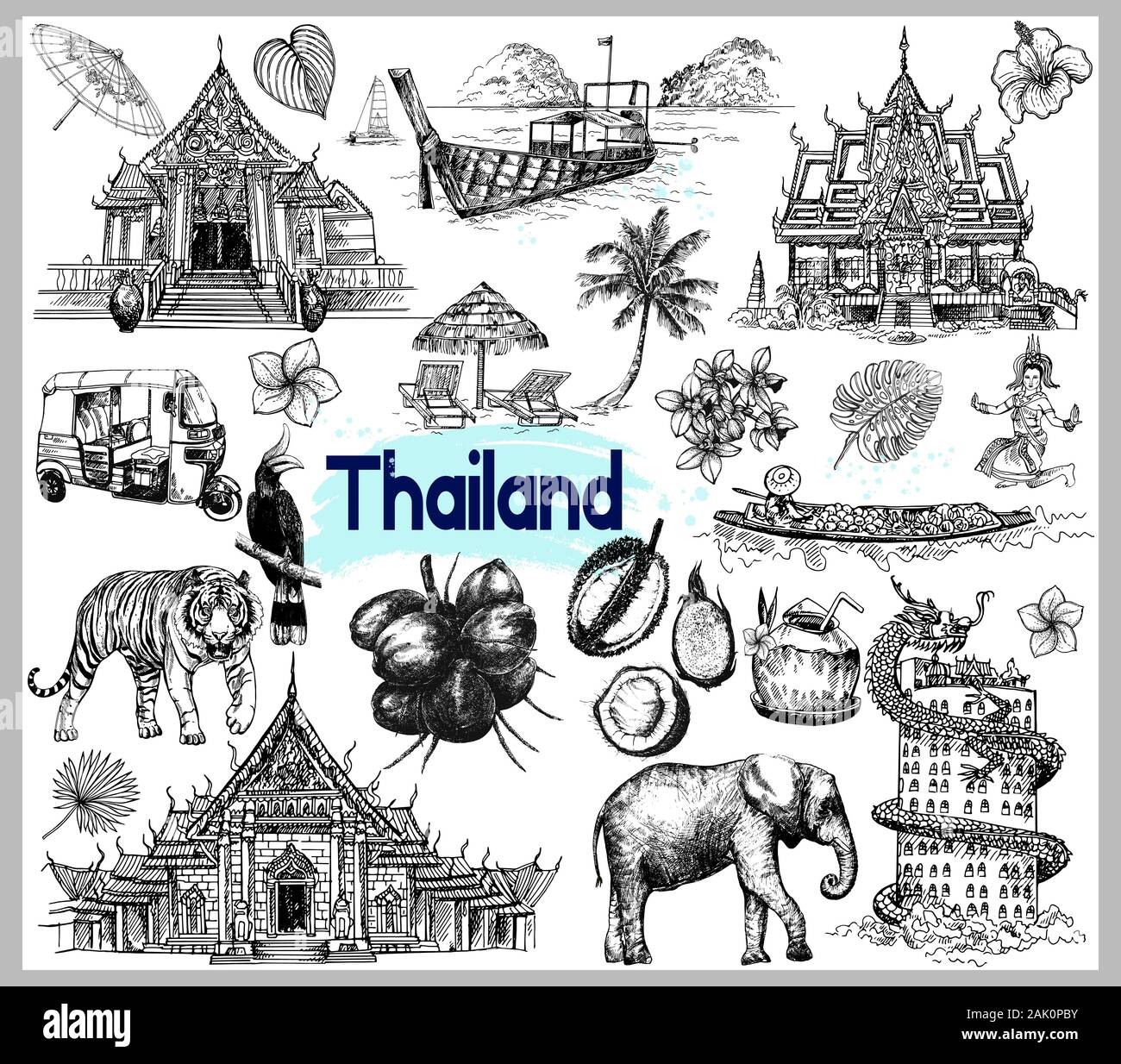 Ensemble de croquis dessinés à la main, objets liés Thaïlande style isolé sur fond blanc. Vector illustration. Illustration de Vecteur