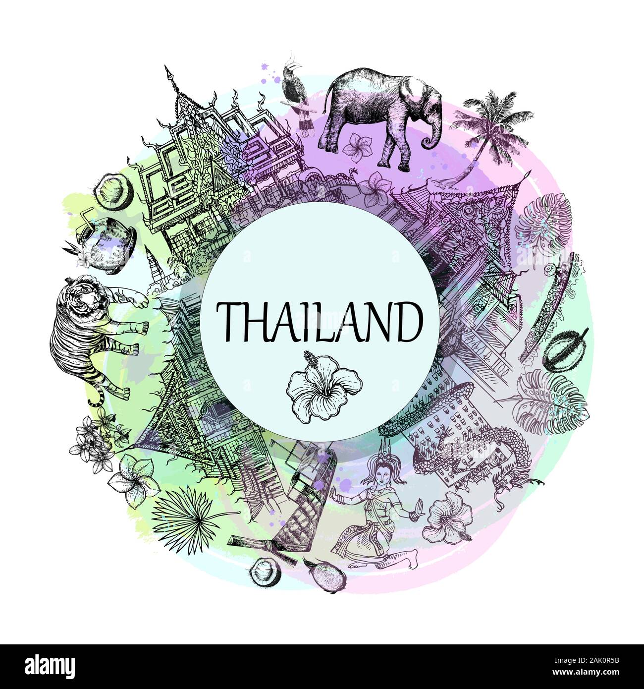 Carte de l'affiche de la composition des croquis à main objets connexes Thaïlande style isolé sur fond blanc. Vector illustration. Illustration de Vecteur