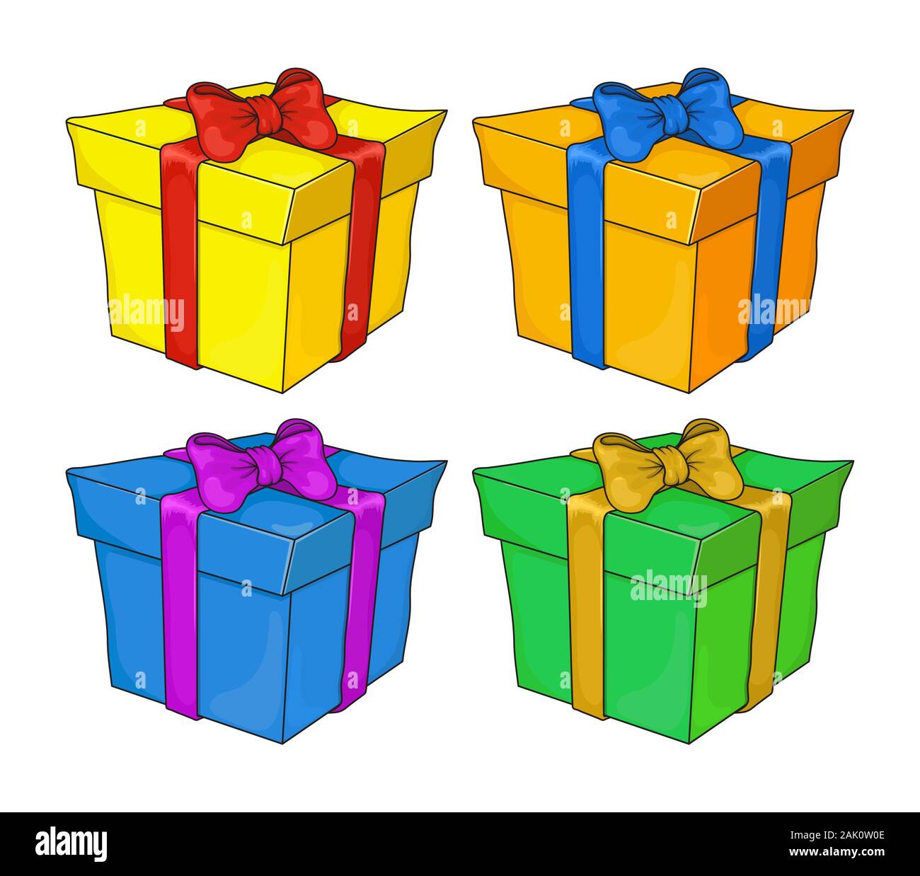 Ensemble de cadeaux colorés à la mode avec des rubans et des arcs isolés. vert, bleu, orange, jaune, présente fort. Élégant décoratif pour présente Illustration de Vecteur