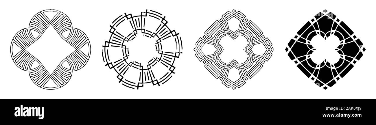 Ensemble de quatre circulaires avec des ornements abstrait des frontières. Des motifs décoratifs isolé sur fond blanc. Fleurs stylisées. Tatouage au pochoir. Illustration de Vecteur
