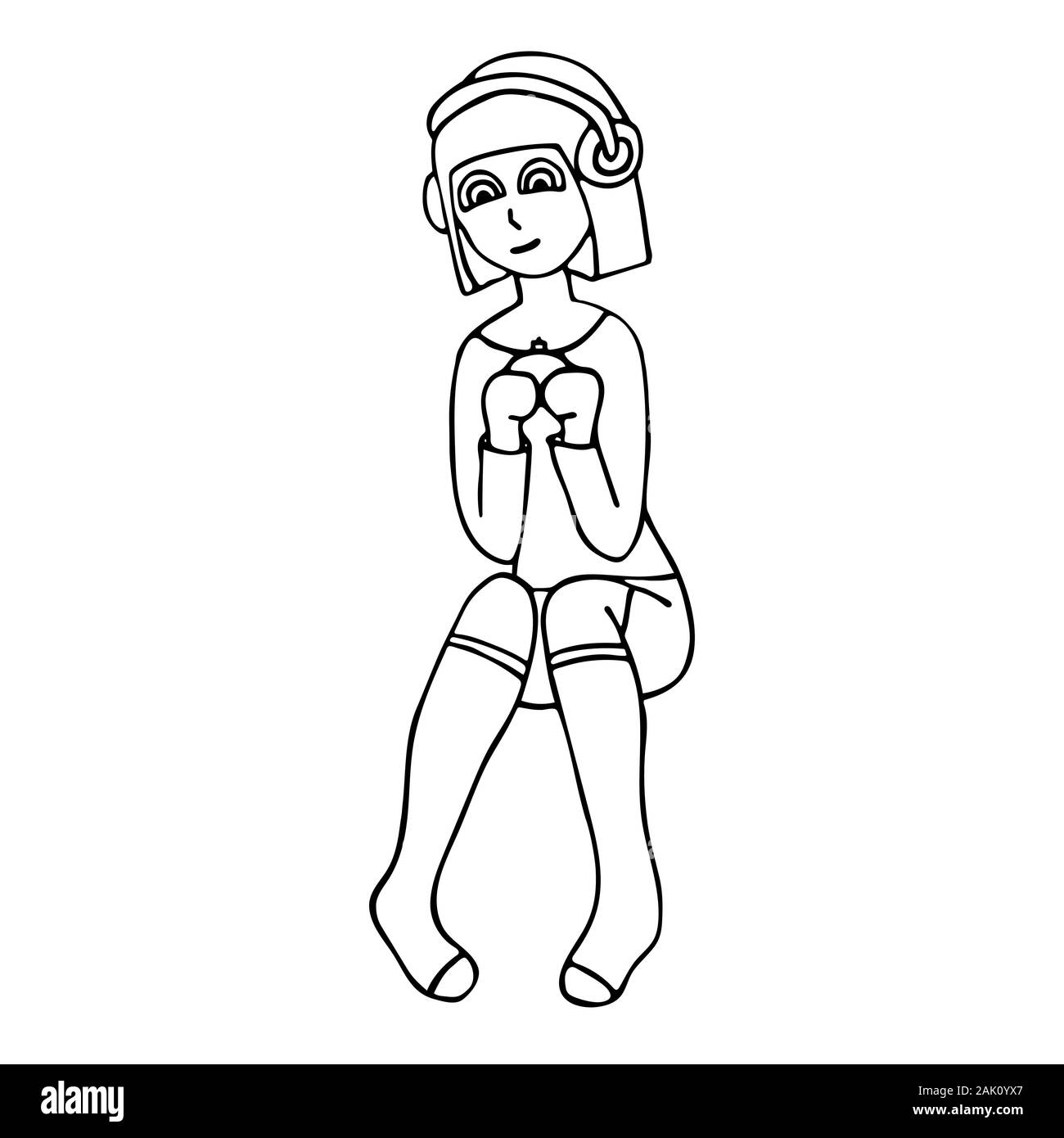 Cute white girl gamer avec une manette dans les mains et les écouteurs. Fond blanc contour stock vector illustration Illustration de Vecteur