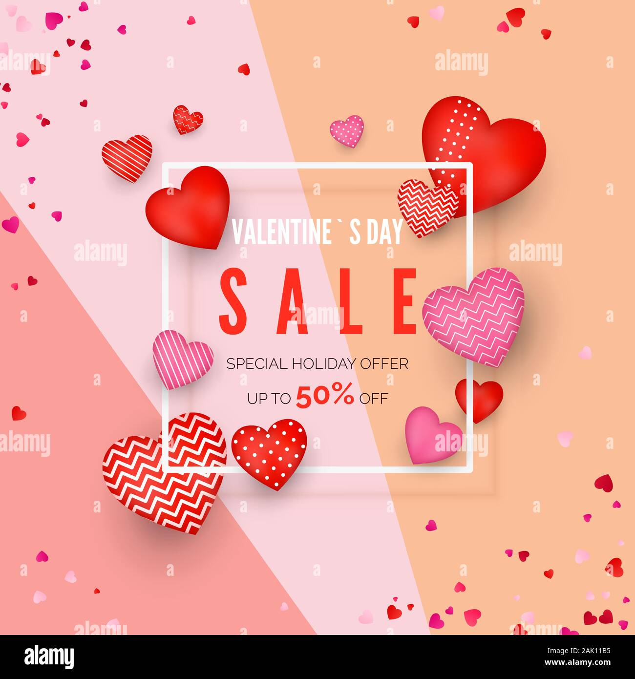 Valentines Day Poster d'escompte. Offre de vacances. Bannière Design avec cadre blanc et coeurs autour. Vector Illustration Illustration de Vecteur