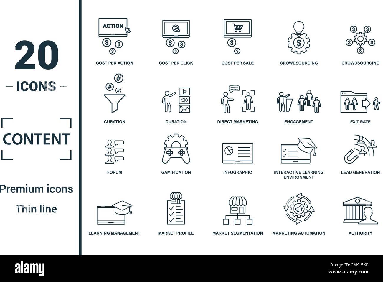 Content icon set. Éléments de création : coût par clic, crowdsourcing, curation, taux de sortie, gamification des icônes. Peut être utilisé pour rapport Illustration de Vecteur