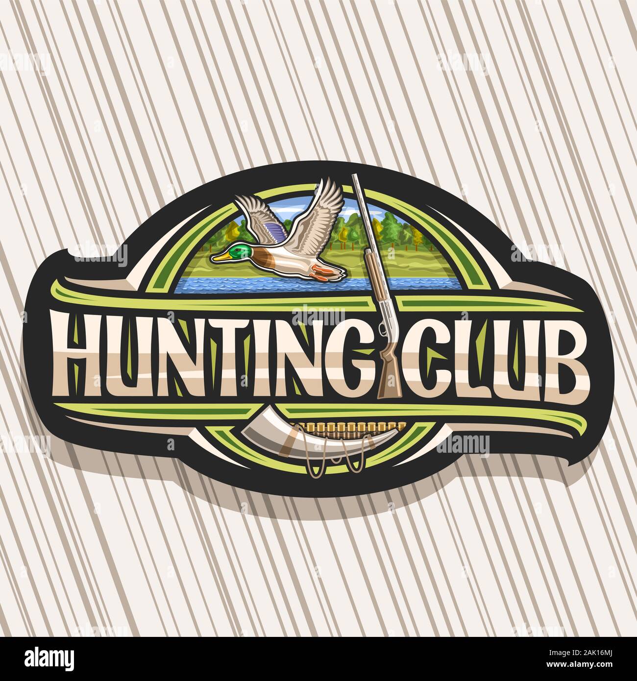 Logo Vector pour la chasse Club, decorative sign board avec illustration de canard mâle en vol sur fond d'arbres et de vieux fusil, symbole moderne pour le canard hu Illustration de Vecteur