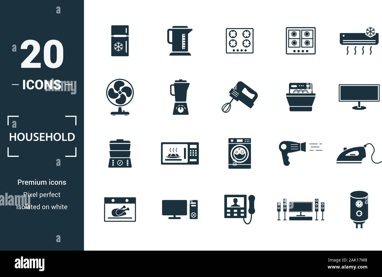 Ménage icon set. Inclure des éléments créatifs accueil d''un réfrigérateur, plaque électrique, ventilateur, lave-vaisselle, bain-marie d'icônes. Peut être utilisé pour rapport, présentation Illustration de Vecteur