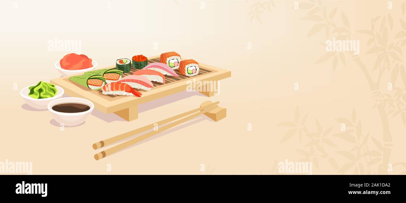 Vecteur d'un ensemble de sushi sur bac en bois concept alimentaire asiatique Illustration de Vecteur