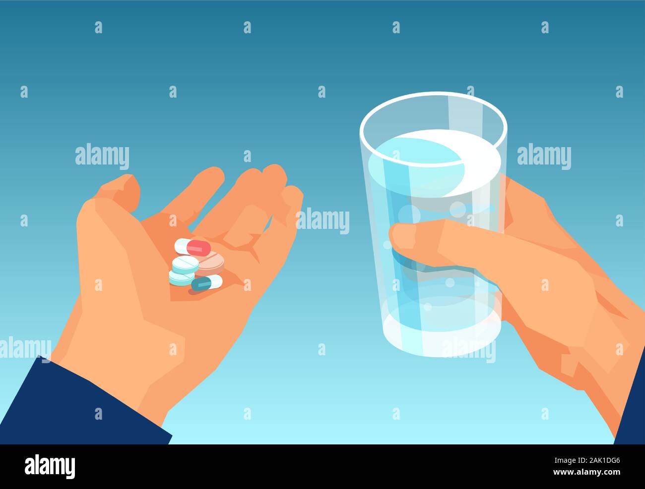 Vecteur de prendre des pilules d'un homme tenant un verre d'eau. Concept de traitement médical. Illustration de Vecteur