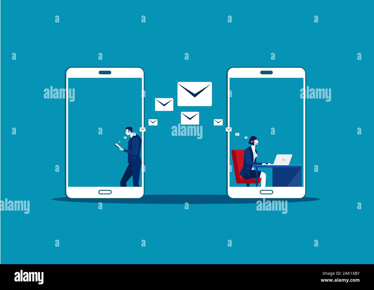 L'homme utilisation samrtphone lettre en ligne Chatter faire centre d'appels. Communication Médias sociaux, Vector Illustration Banque D'Images