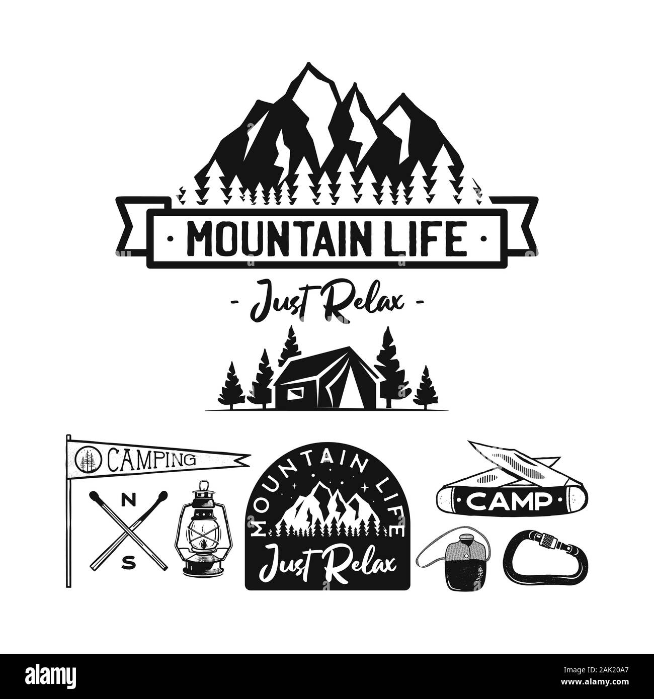 Logos, mountain camp Vintage Set de badges. Étiquettes dessinés à la main, dessins et modèles. Billet d'expédition, wanderlust et randonnées. La vie montagnarde juste vous détendre piscine emblèmes Illustration de Vecteur