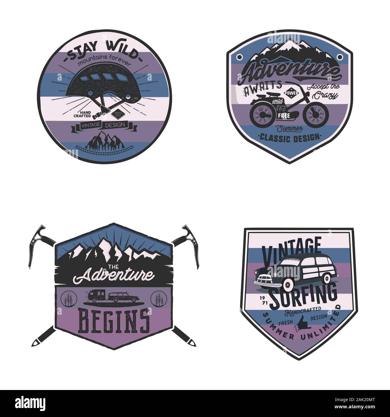 Logos de camp vintage, badges de montagne. Couleurs inhabituelles. Dessins d'étiquettes dessinées à la main. Expédition de voyage, wanderlust et randonnée. Emblèmes extérieurs Illustration de Vecteur