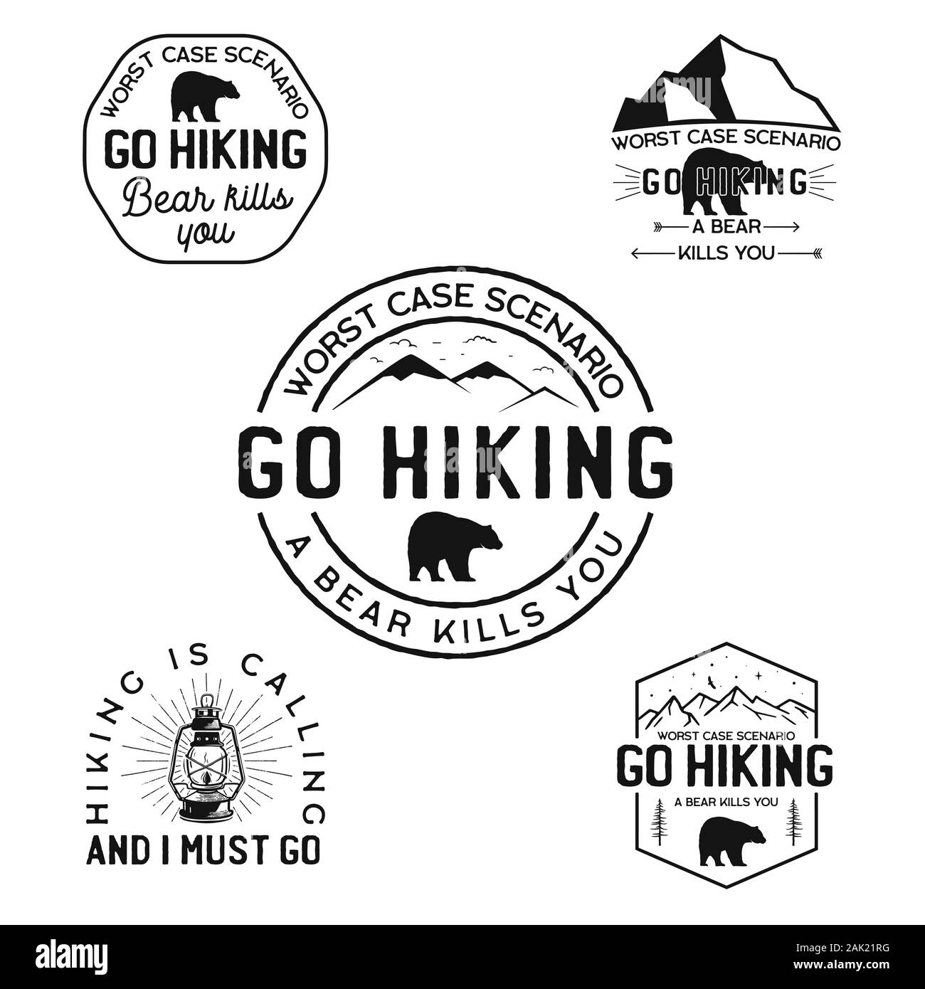 Logos de randonnée vintage, badges d'aventure en montagne. Dessins d'étiquettes de camp dessinées à la main. Expédition de voyage, wanderlust et scouting. Emblèmes extérieurs Illustration de Vecteur