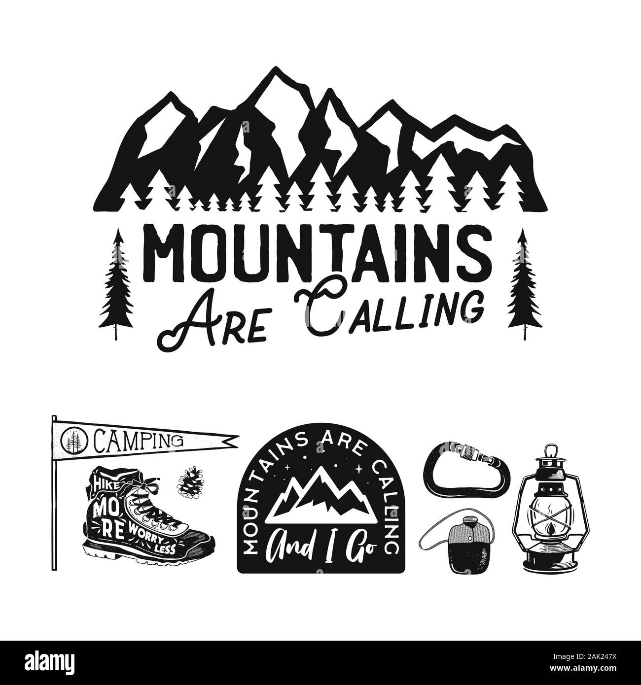 Logos de camp vintage, badges de montagne. Dessins d'étiquettes dessinées à la main. Expédition de voyage, wanderlust et randonnée. Les montagnes appellent des emblèmes extérieurs Illustration de Vecteur