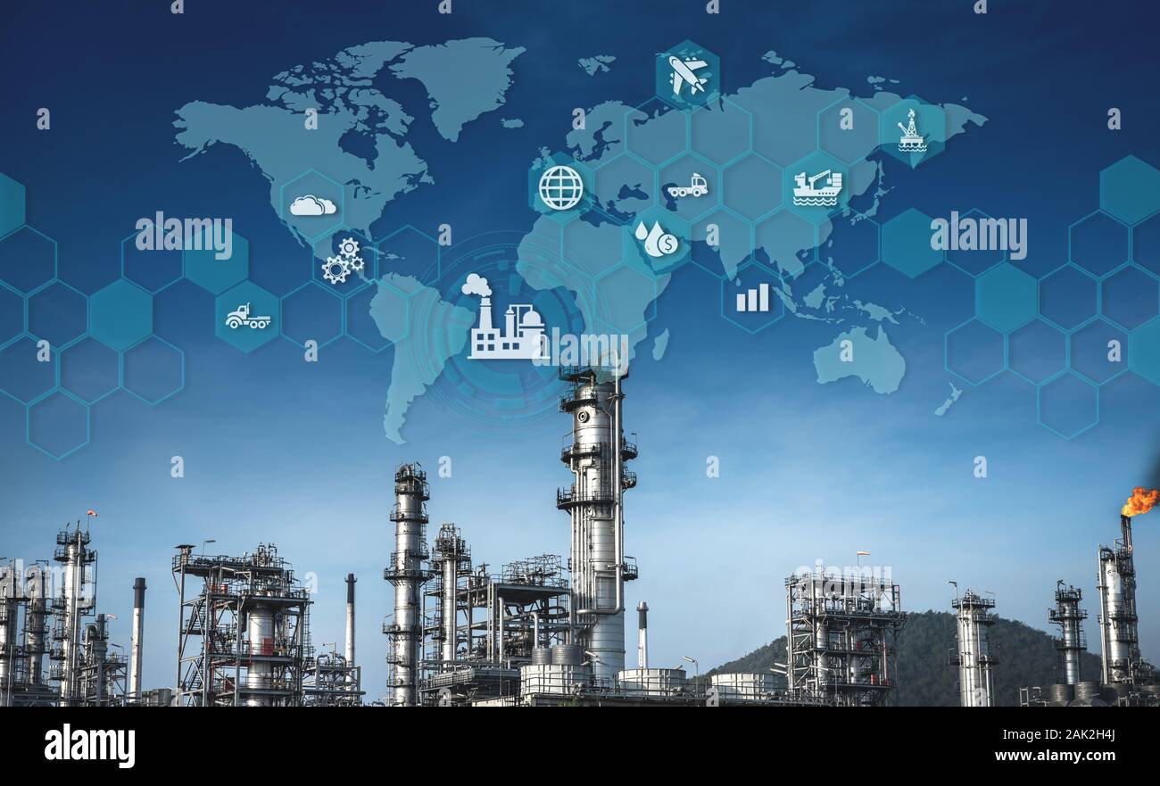 L'usine de raffinerie de pétrole et de gaz en tant qu'icône concept industrie pétrochimique. Banque D'Images