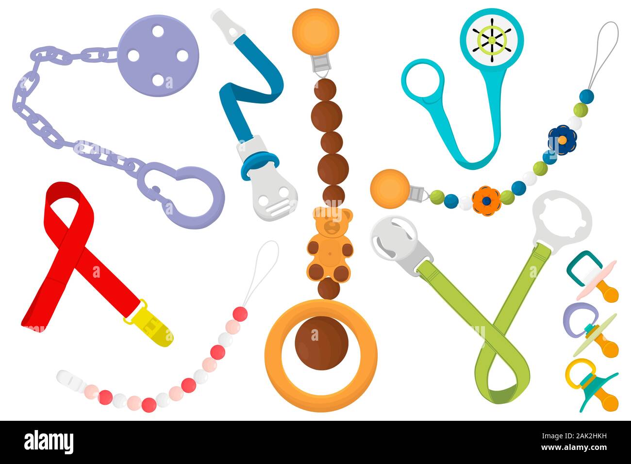 Mode couleur gros bébé sucettes, mannequin avec des porte-caoutchouc mamelon. Les sucettes bébé composé de collection pour nouveau-né, mannequin porte-tétine. Ni factice Illustration de Vecteur