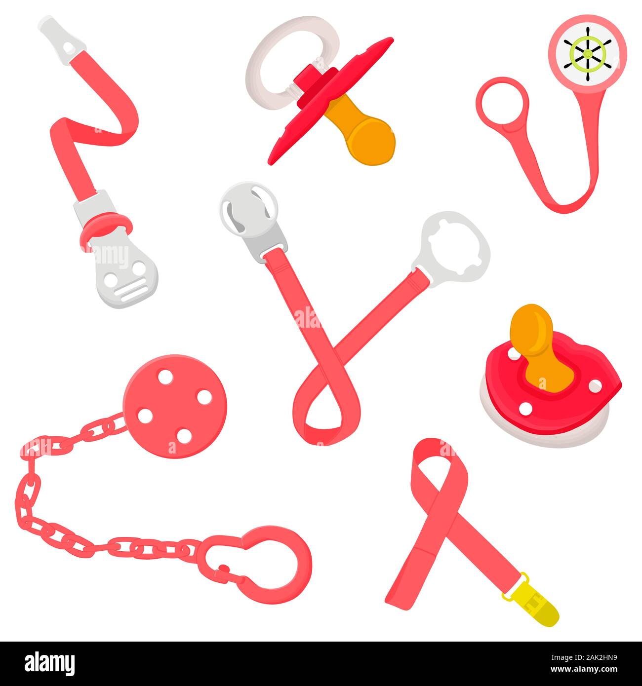 Mode couleur gros bébé sucettes, mannequin avec des porte-caoutchouc mamelon. Les sucettes bébé composé de collection pour nouveau-né, mannequin porte-tétine. Ni factice Illustration de Vecteur