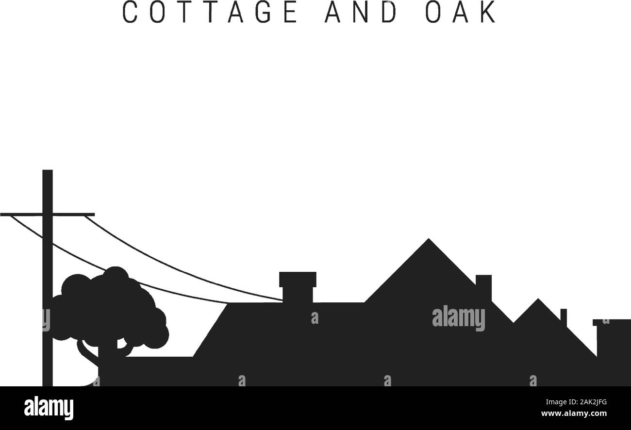 Silhouette noire de la toiture du chalet avec cheminées, pousse de chêne à proximité. Arrière-plan de la construction ou de l'immobilier. Vector illustration isolé sur w Illustration de Vecteur