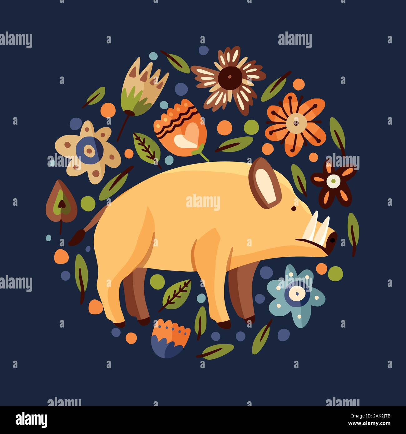 Télévision forestiers sanglier animal vecteur illustration ronde. Cute cartoon caractère de porcs avec des éléments de botanique fleurs. Illustration de Vecteur