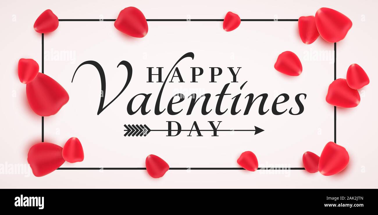 Bannière pour la Saint-Valentin. Pétales de rose rouge épars avec lettrage élégant. Conception de fête romantique. Vector illustration. ESP 10 Illustration de Vecteur