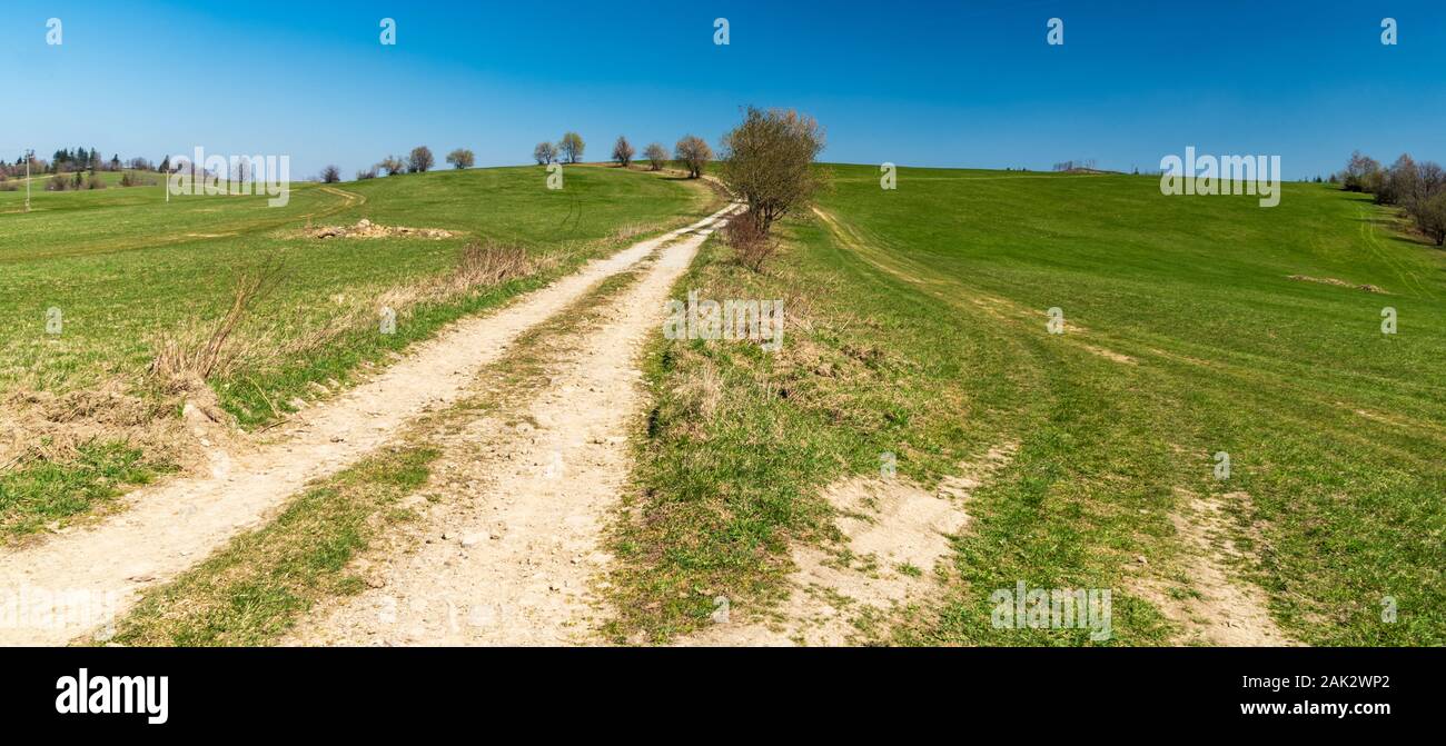 Le printemps des paysages de montagne de prés, chemin de terre, peu d'arbres et ciel clair dans Javorniky mountains en Slovaquie Banque D'Images