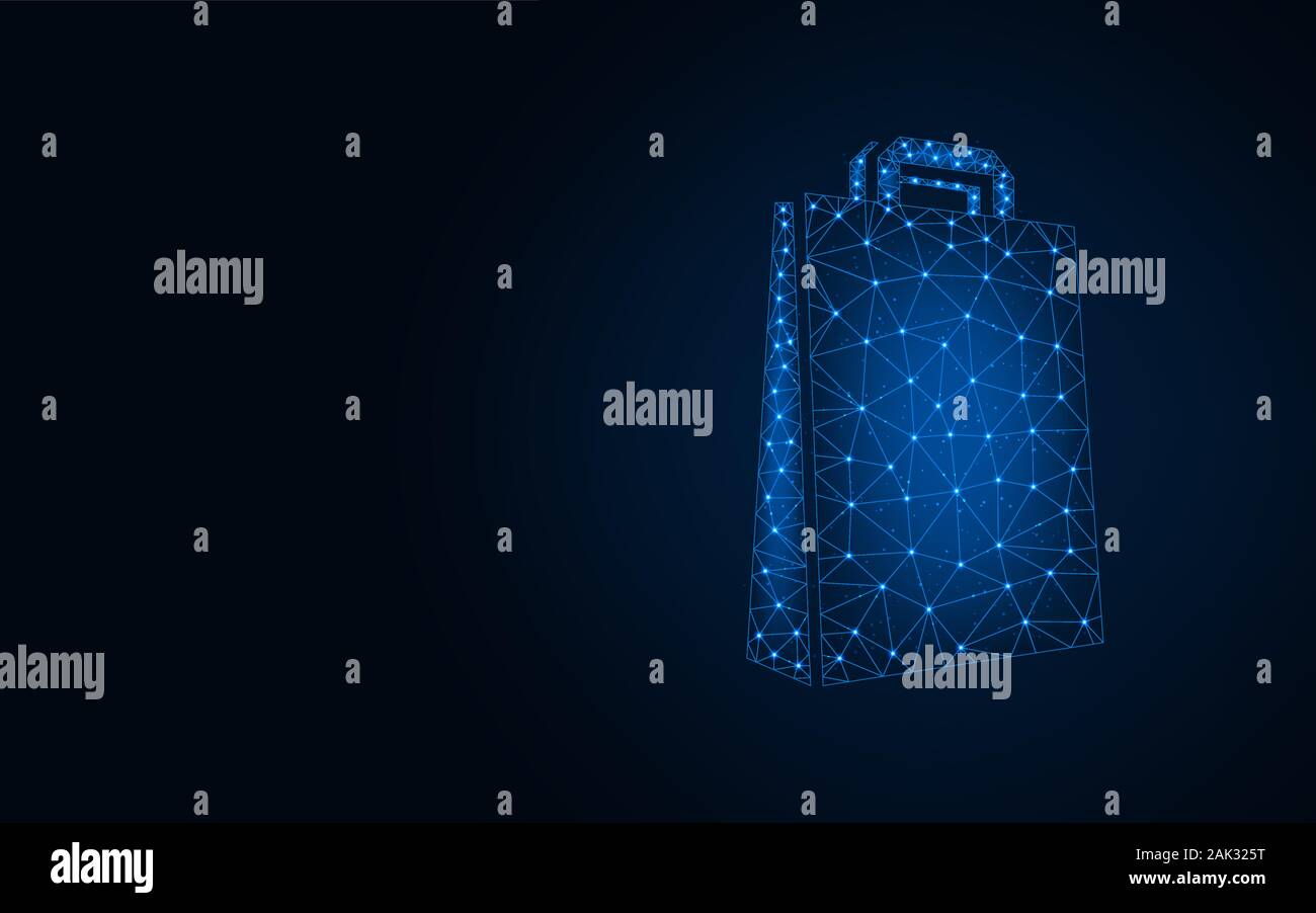 Sac shopping low poly, wireframe conception d'illustration vectorielle polygonal mesh fait à partir de points et lignes sur fond bleu foncé Illustration de Vecteur