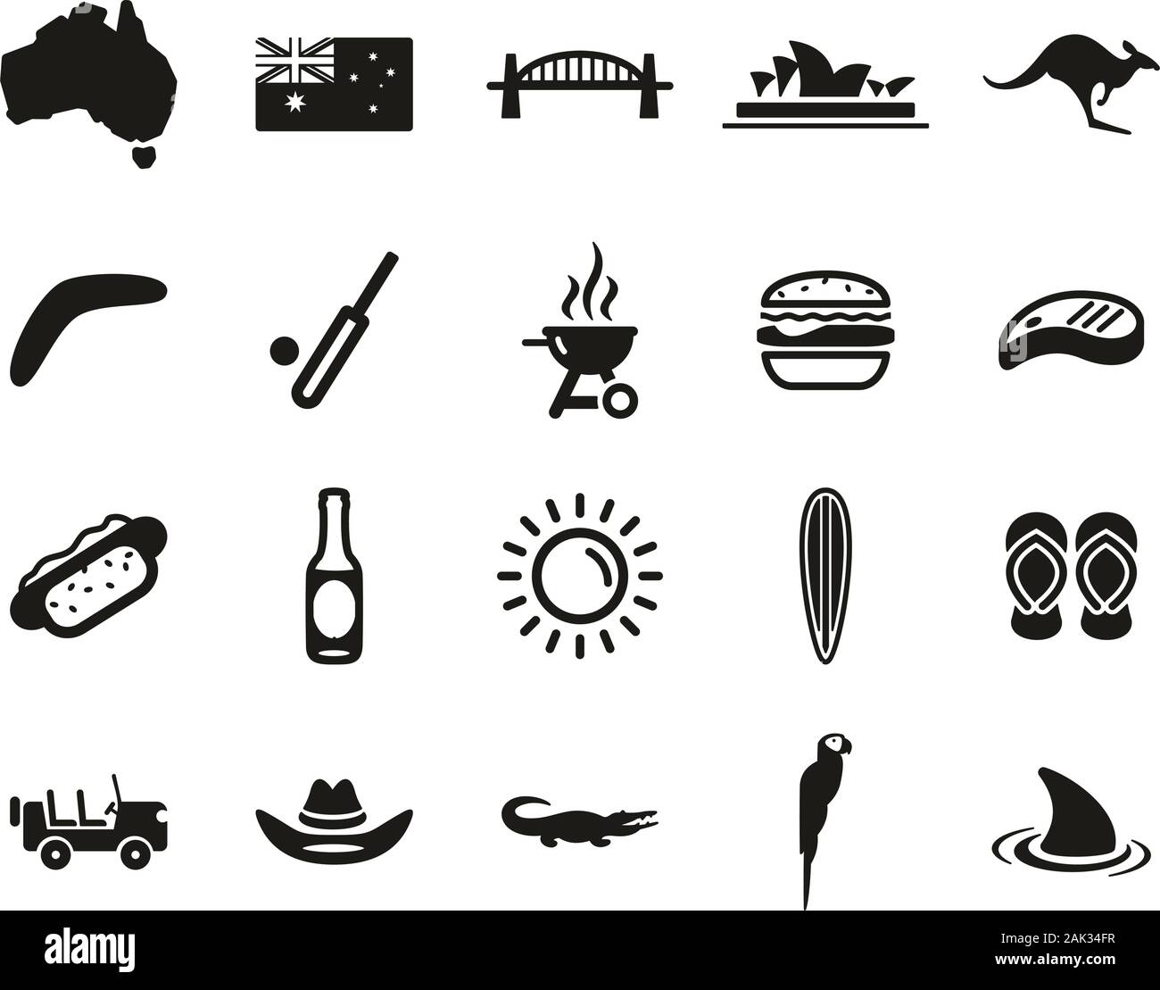 L'Australie Pays & Culture Icons Set Noir & Blanc Grand Illustration de Vecteur