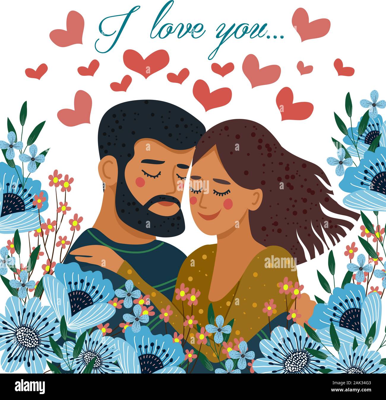 Je vous aime. Isolé sur fond blanc hugging couple avec coeur et beaucoup de fleurs bleues. Télévision Cute valentines day vector illustration Illustration de Vecteur