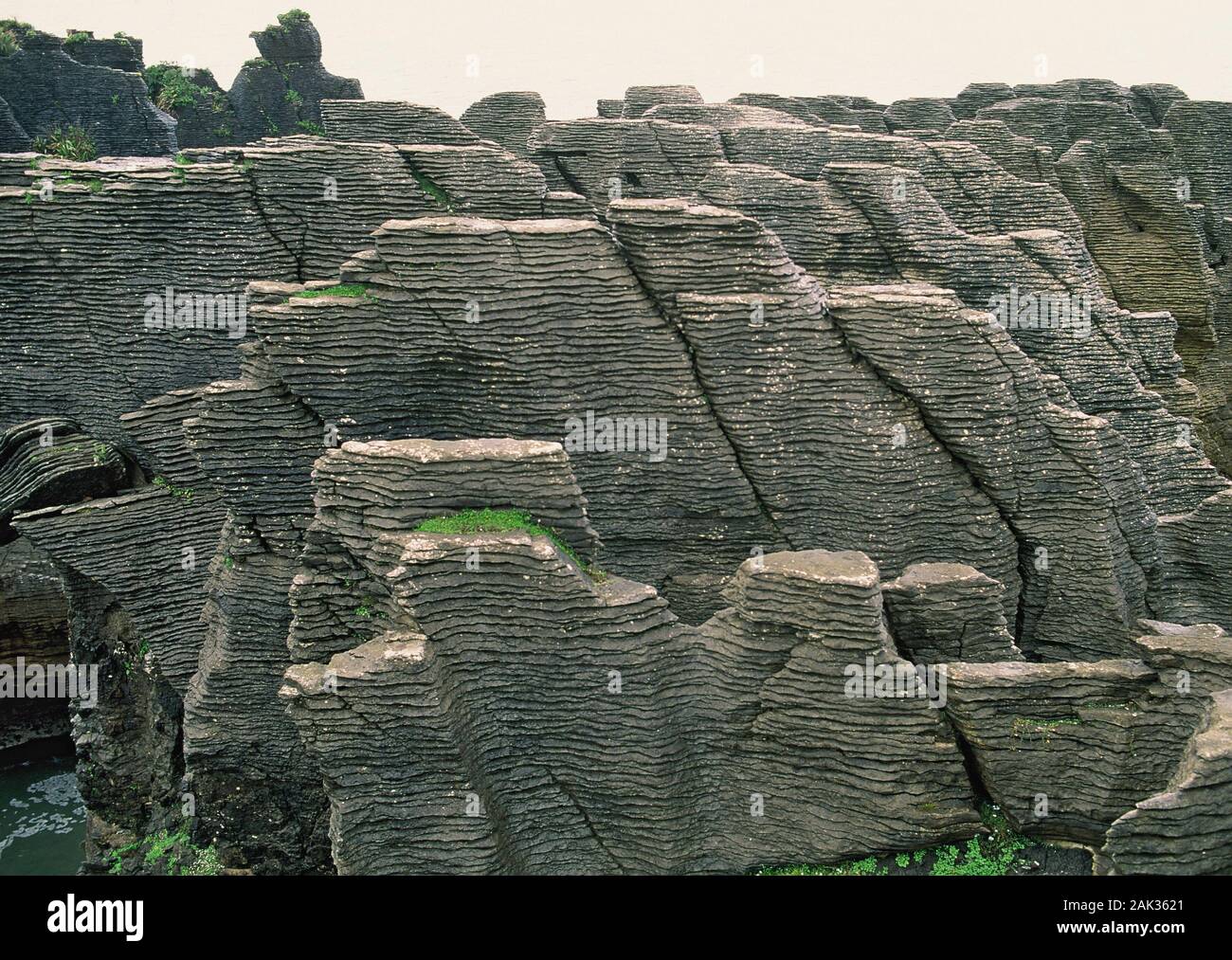 Comme des crêpes en couches d'oeil la soi-disant Pancake Rocks dans le Parc National de Paparoa Punakaiki proche sur l'île du sud de la Nouvelle-Zélande. Les roches sont s Banque D'Images