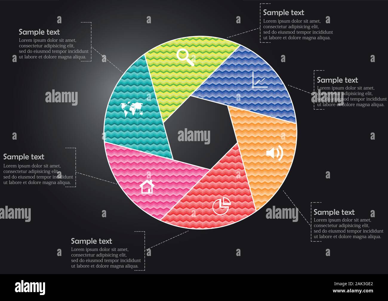 Vector infographic template avec cercle divisé en six pièces de couleur pour créer forme hexagonale. Les rubriques contiennent des motifs et textures. Backgroun Illustration de Vecteur