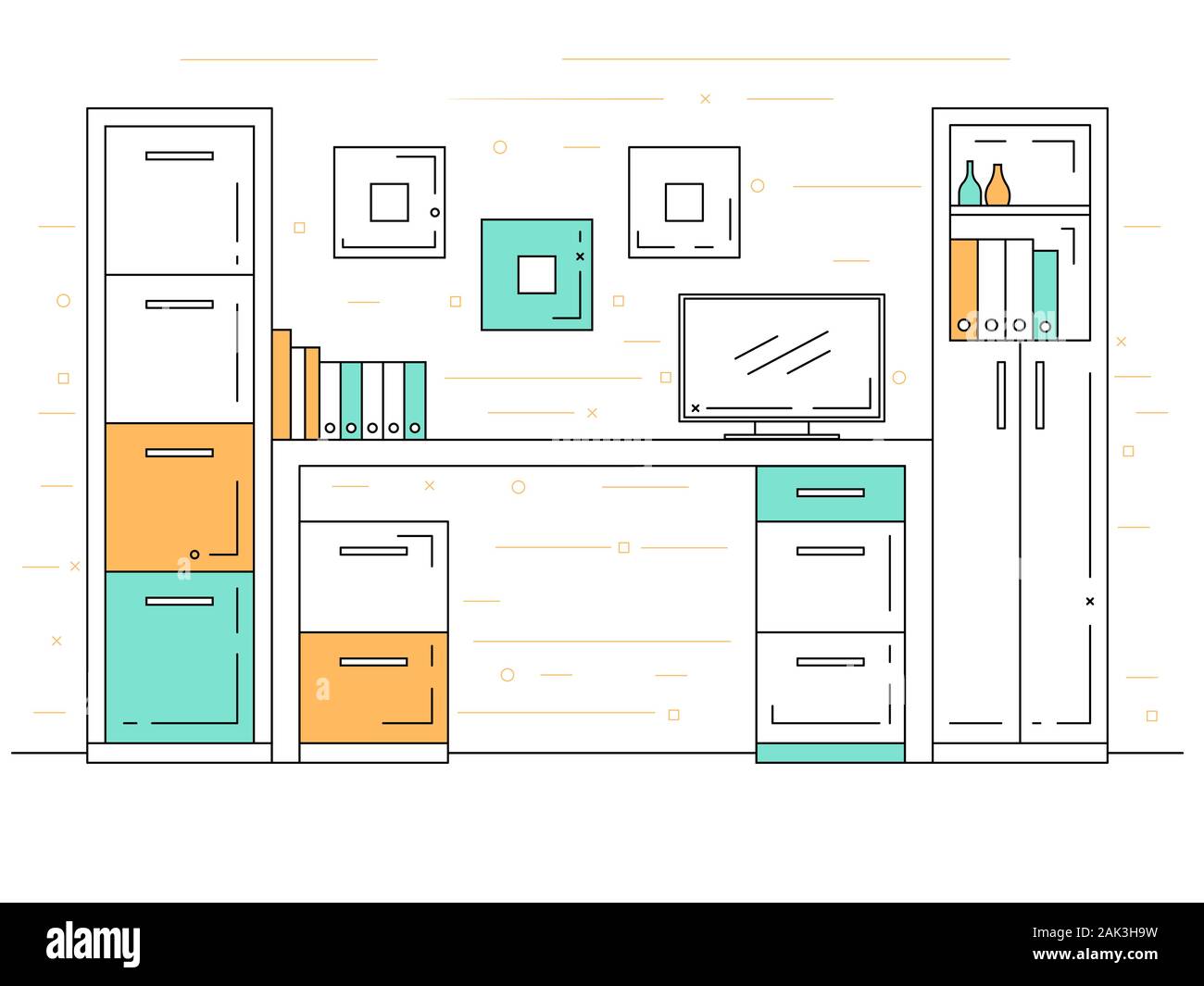 Bureau dans un style linéaire. Lieu de travail avec un ordinateur. Vector Illustration de Vecteur Bureau dans un style linéaire. Lieu de travail avec un ordinateur. Vector Illustration de Vecteur