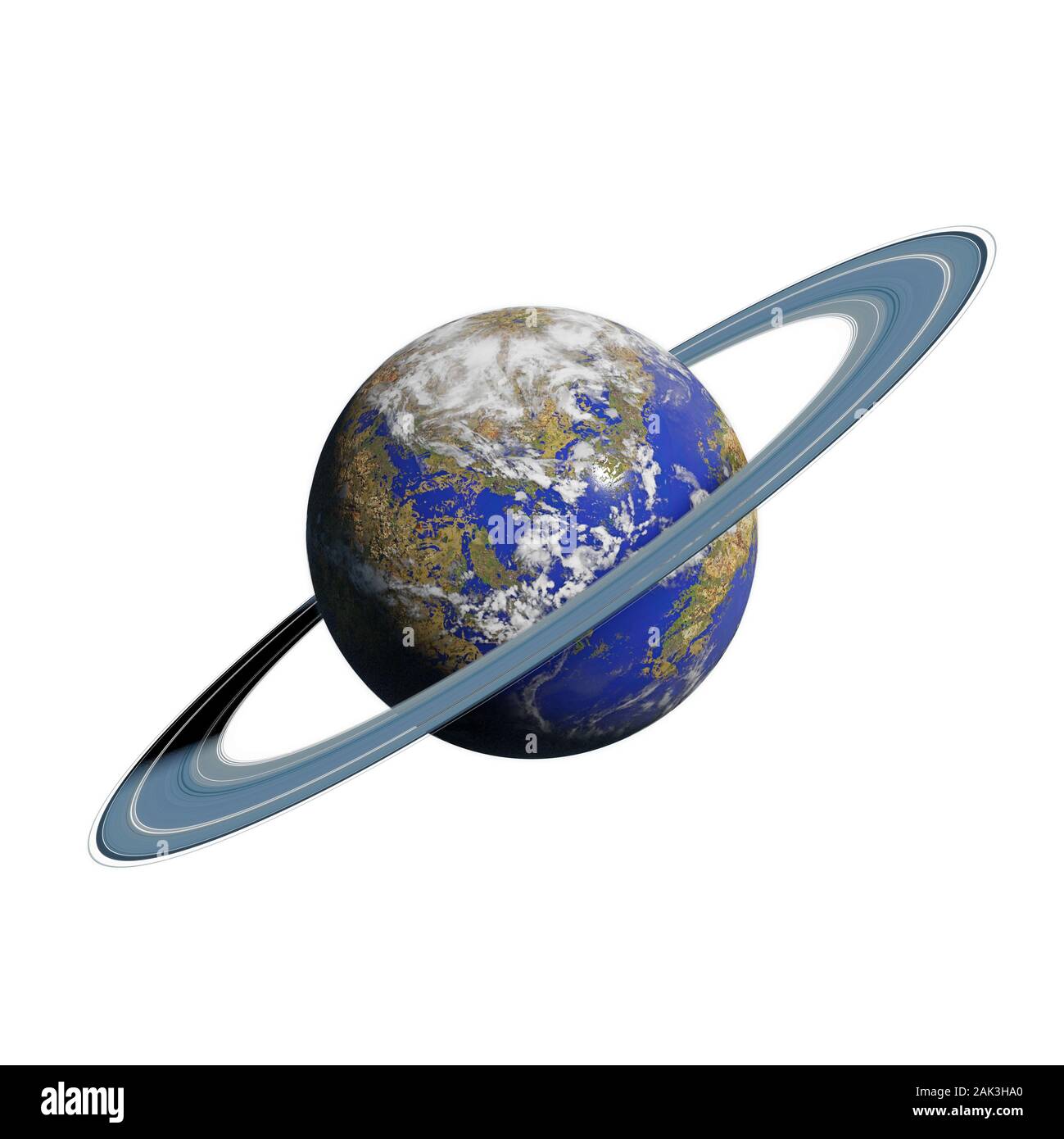 La Terre comme planète extra-terrestre, la vie friendly exoplanète avec système d'anneaux isolé sur fond blanc Banque D'Images