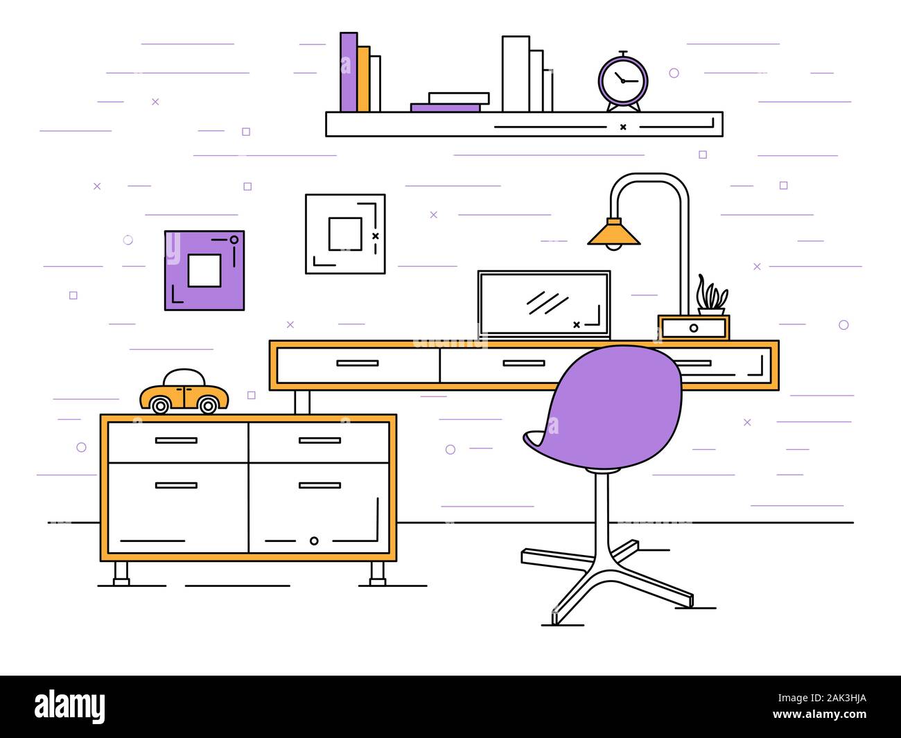 Bureau dans un style linéaire. Lieu de travail avec un ordinateur. Vector Illustration de Vecteur Bureau dans un style linéaire. Lieu de travail avec un ordinateur. Vector Illustration de Vecteur