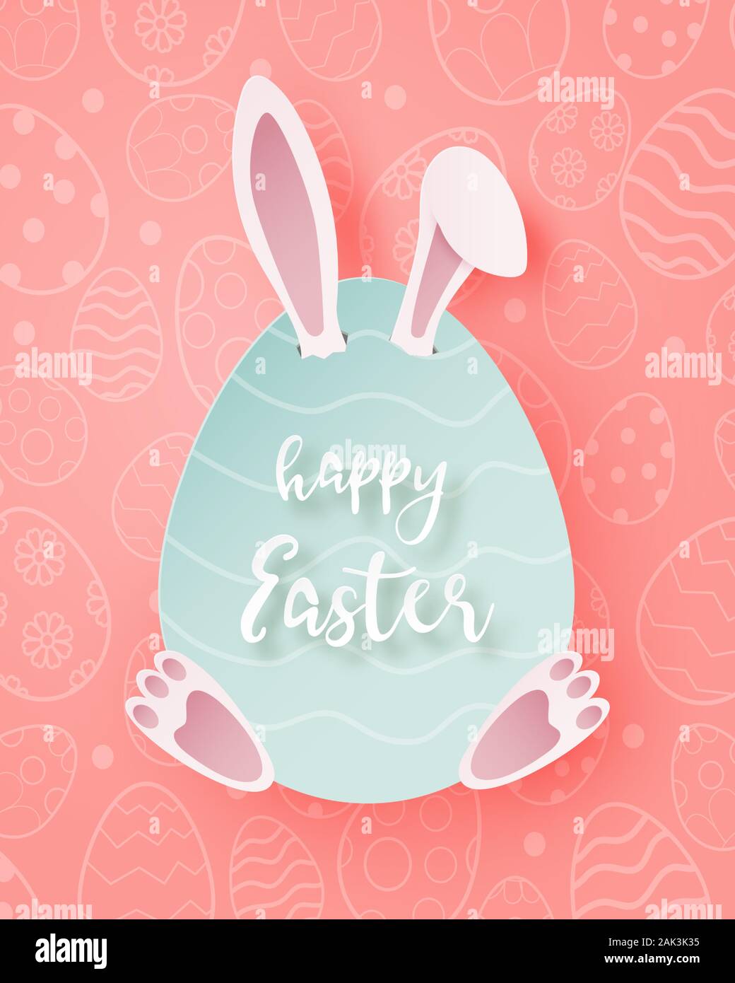 Joyeuses Pâques Jour de l'affiche et carte de souhaits avec bunny masquer grand oeuf en papier découpé dans le style. Du papier craft numérique art. Illustration de Vecteur