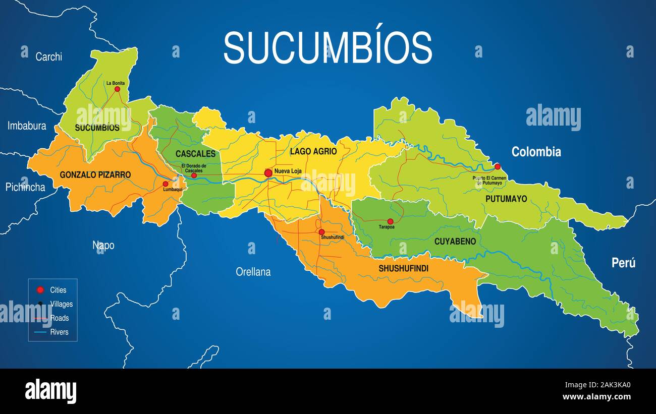 Carte politique de la province de Sucumbios en vert et jaune sur fond bleu. C'est un des de Sucumbios 24 provinces de la République de l'Équateur. Illustration de Vecteur