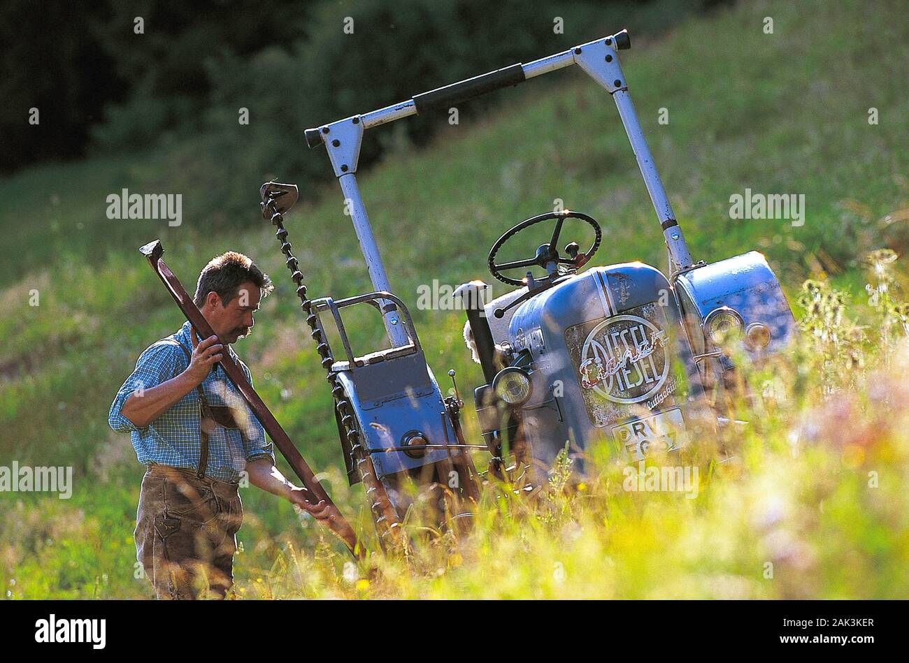 Un agriculteur avec son vieux tracteur lors de la coupe de la prairie. Vieille technique comme les solives de coupe s'est révélé lui-même à la forte pente dans l'Allgäu, Germa Banque D'Images