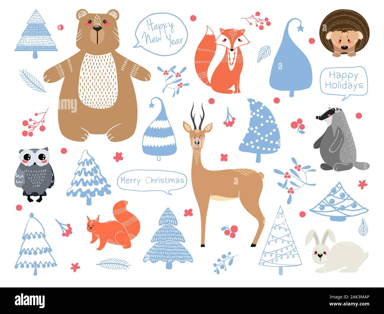 Des animaux : renard, blaireau, écureuil, hibou, cerf, biche, chevreuil, lièvre, lapin, ours hérisson et différents éléments dessinés à la main, l'illustration en scandinav Illustration de Vecteur