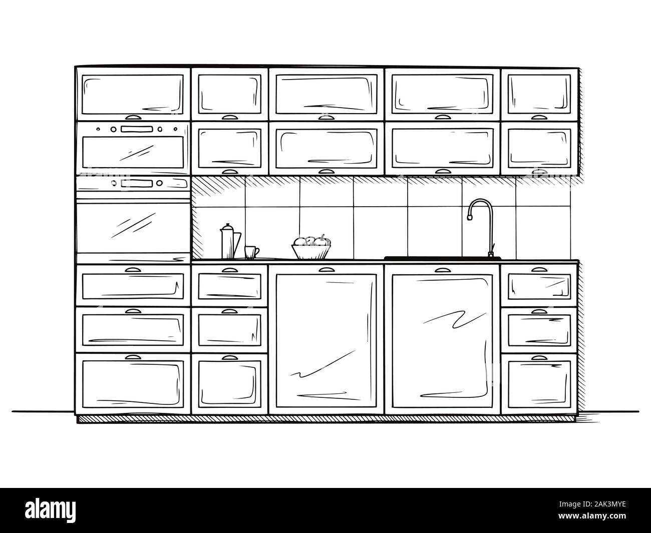 Meubles de cuisine à la main. Vector illustration au croquis style. Illustration de Vecteur