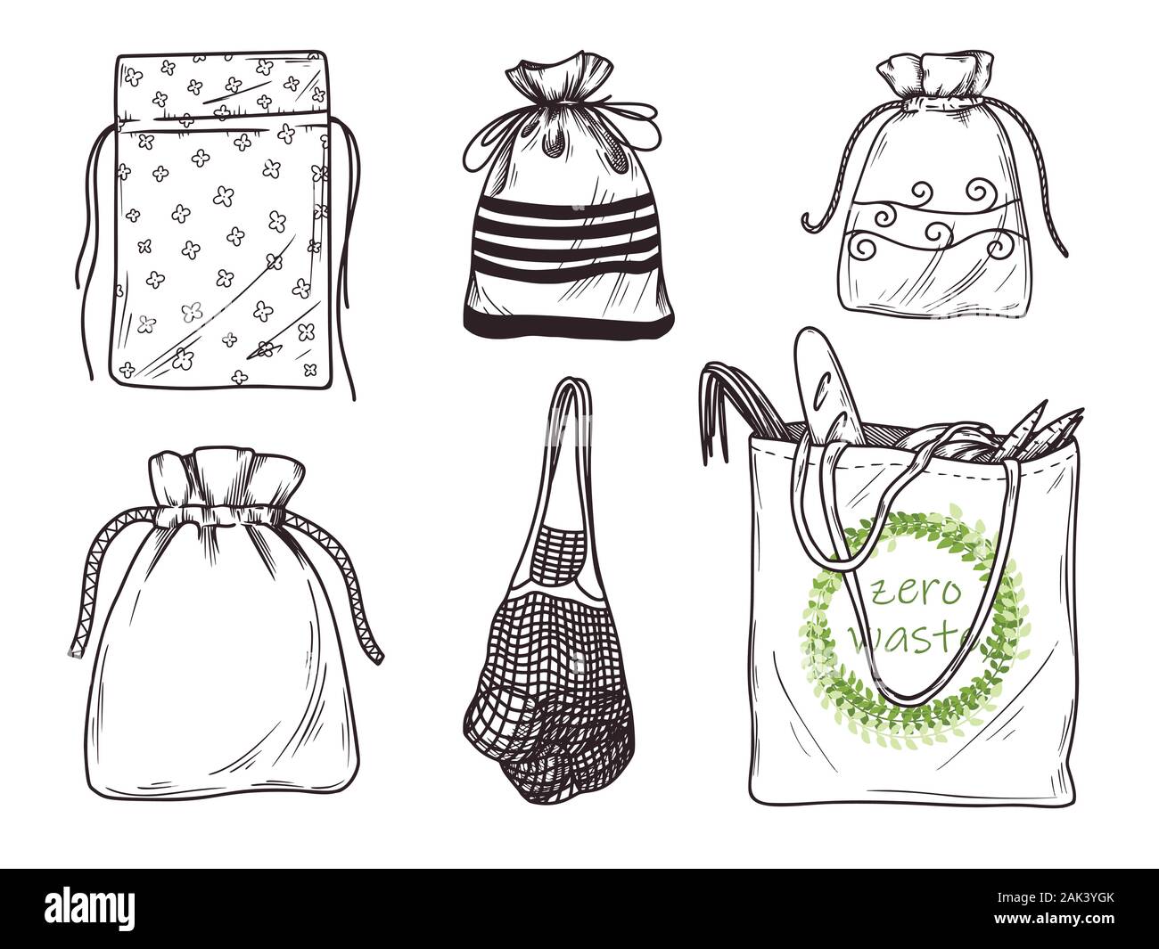 Ensemble de draps différents sacs, paquets. Zéro déchets. Vector illustration Illustration de Vecteur